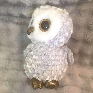 TY BEANIE BOOS OWELETTE Plush Gray White Owl Gold Glitter Eyes 6" 2017 New
